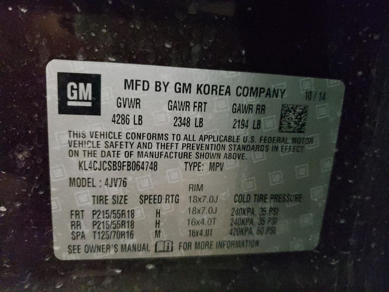Photo 10 from auction – 2015 BUICK ENCORE with VIN KL4CJCSB9FB064748