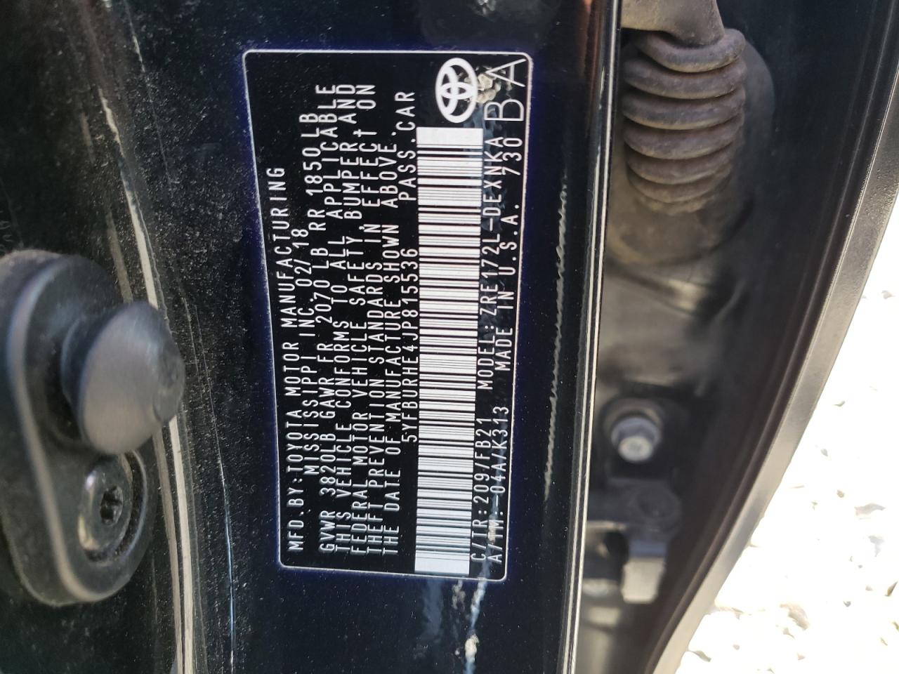 Photo 10 from auction – 2018 TOYOTA COROLLA L with VIN 5YFBURHE4JP815536
