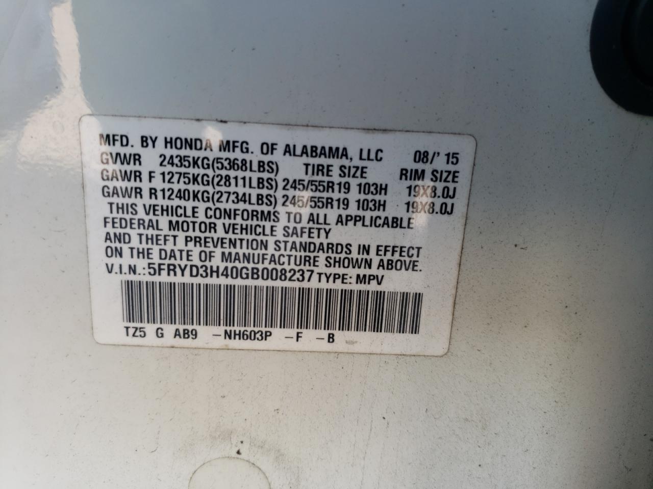 Photo 10 from auction – 2016 ACURA MDX TECHNO with VIN 5FRYD3H40GB008237