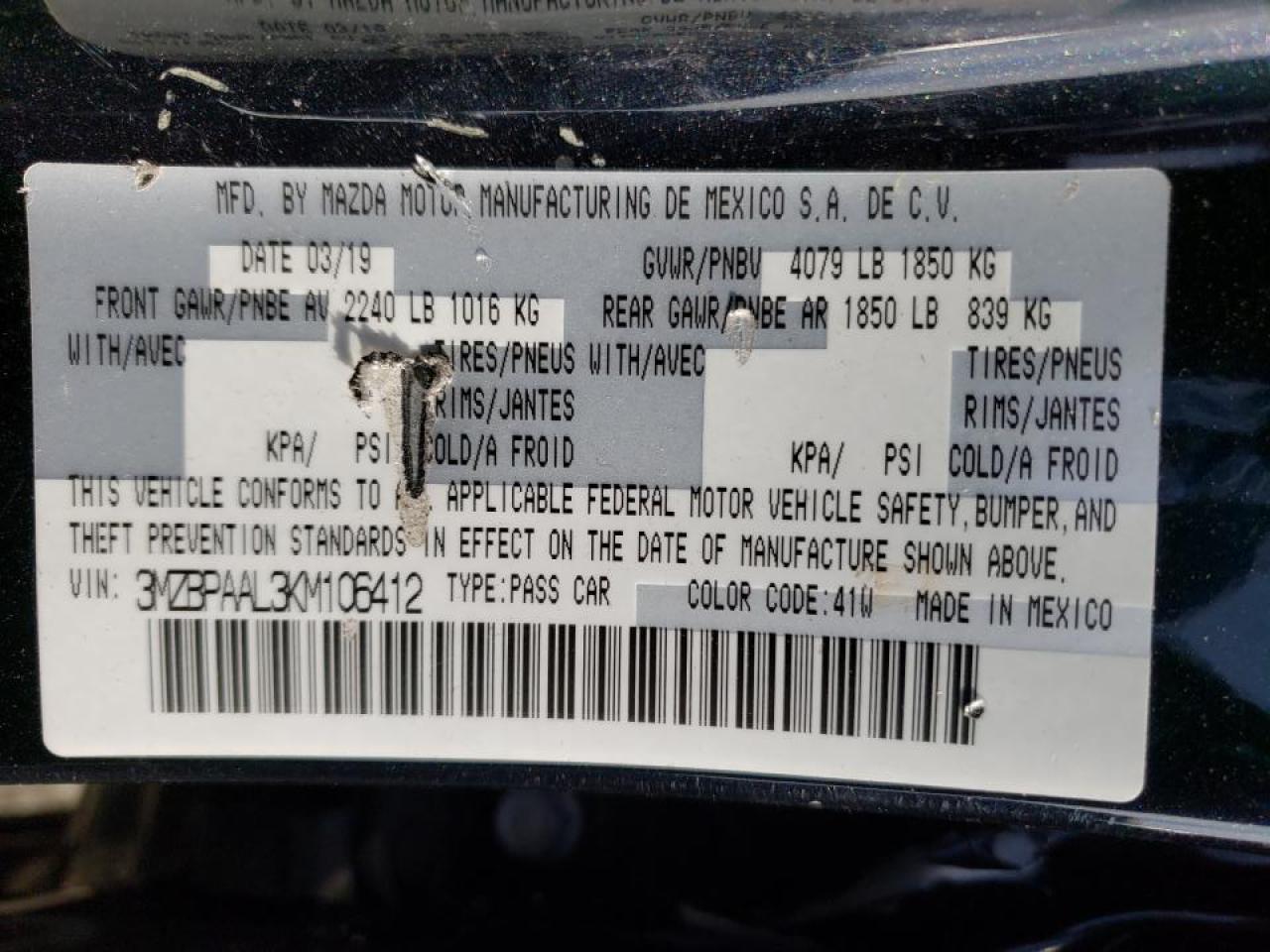 Photo 10 from auction – 2019 MAZDA 3 SELECT with VIN 3MZBPAAL3KM106412