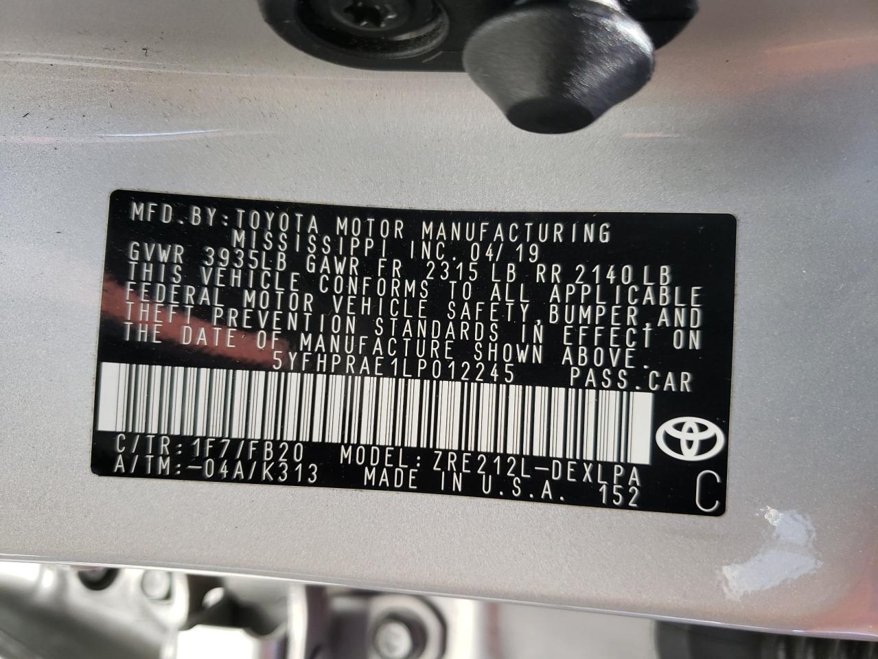 Photo 10 from auction – 2020 TOYOTA COROLLA LE with VIN 5YFHPRAE1LP012245