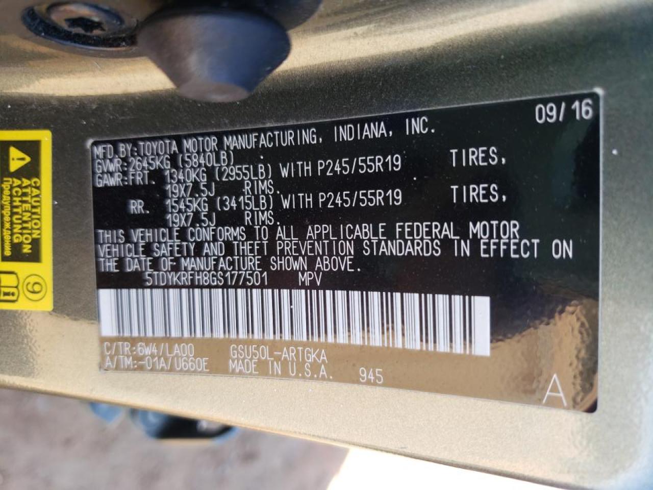 Photo 10 from auction – 2016 TOYOTA HIGHLANDER with VIN 5TDYKRFH8GS177501