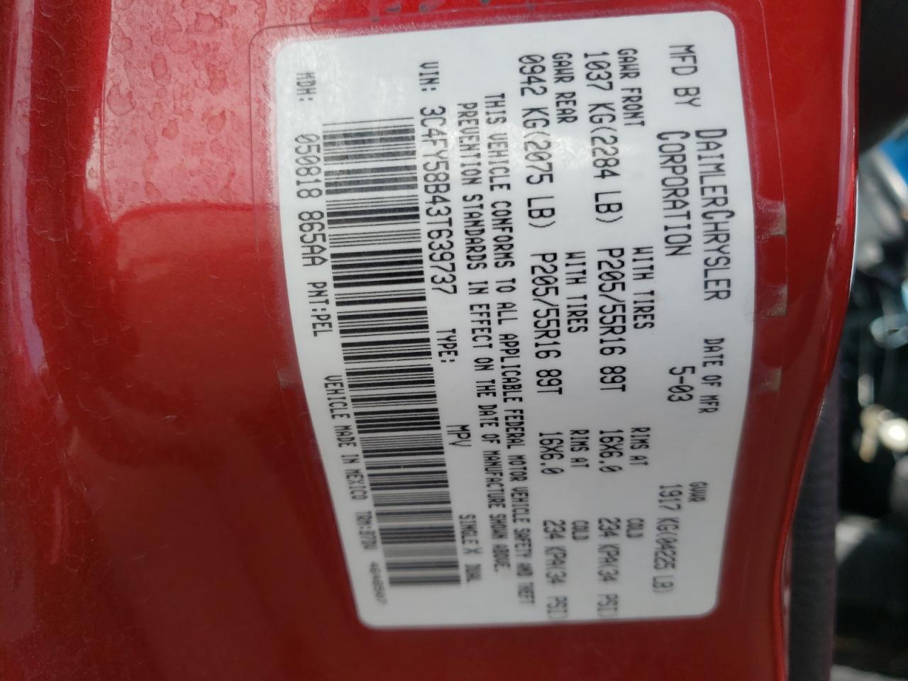 Photo 10 from auction – 2003 CHRYSLER PT CRUISER with VIN 3C4FY58B43T639737