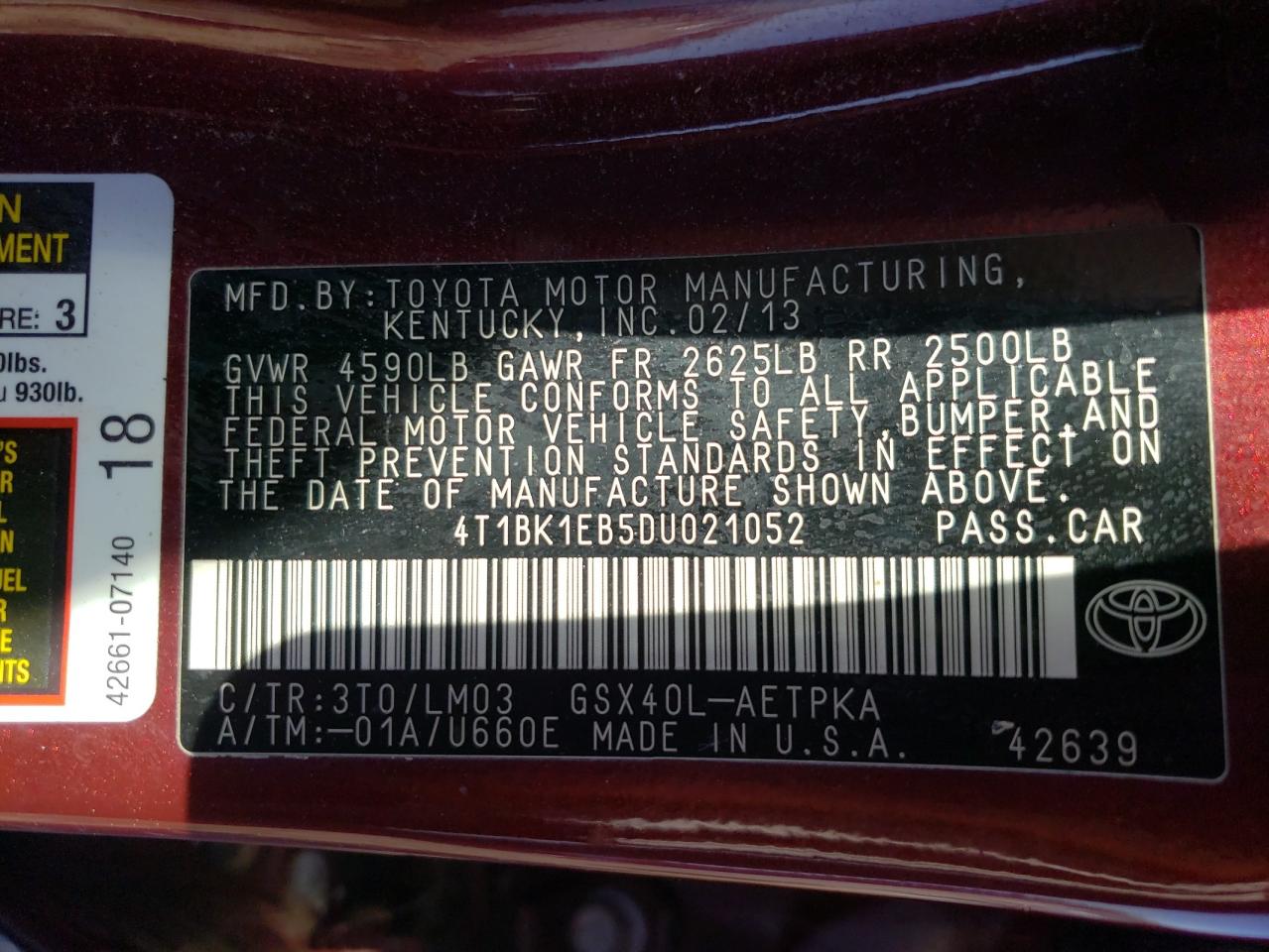 Photo 10 from auction – 2013 TOYOTA AVALON BAS with VIN 4T1BK1EB5DU021052
