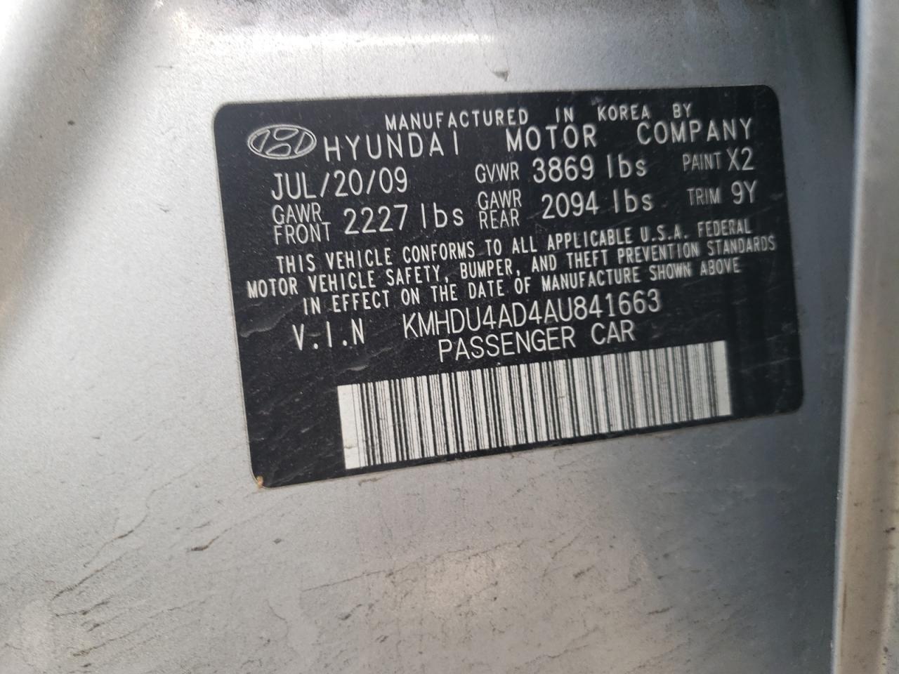Photo 10 from auction – 2010 HYUNDAI ELANTRA BL with VIN KMHDU4AD4AU841663