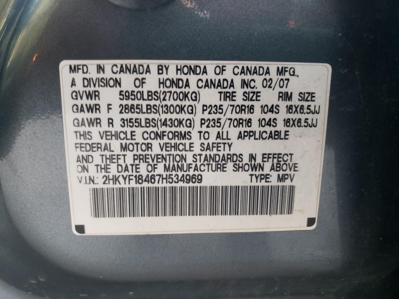 Photo 10 from auction – 2007 HONDA PILOT EX with VIN 2HKYF18467H534969