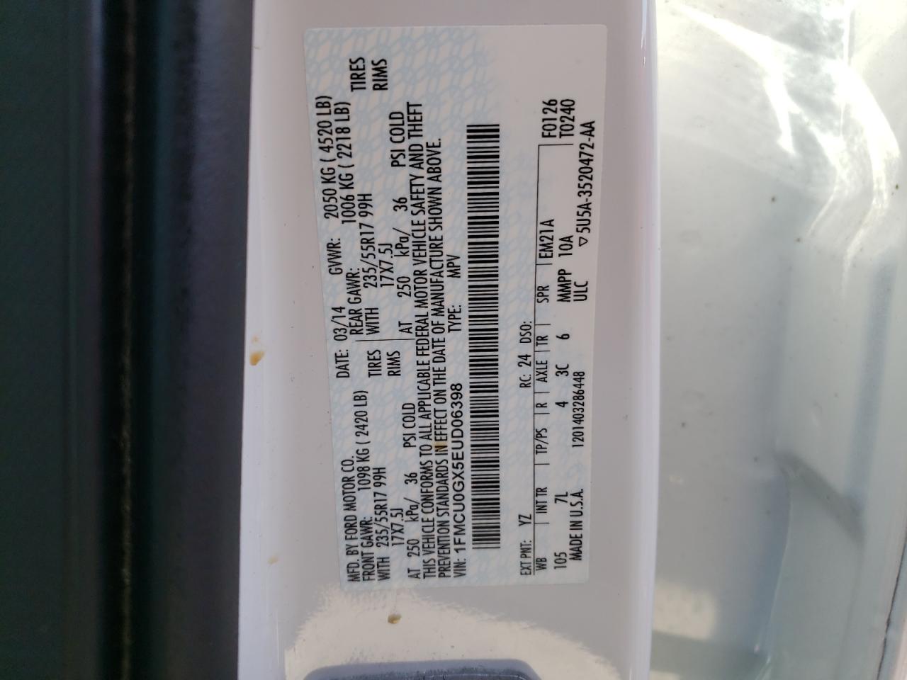 Photo 10 from auction – 2014 FORD ESCAPE SE with VIN 1FMCU0GX5EUD06398