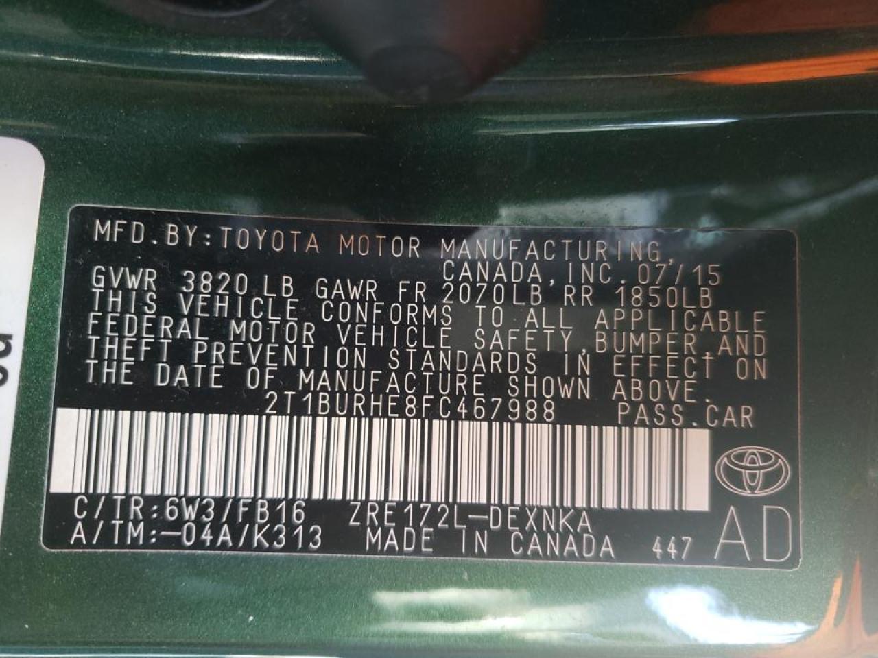 Photo 10 from auction – 2015 TOYOTA COROLLA L with VIN 2T1BURHE8FC467988