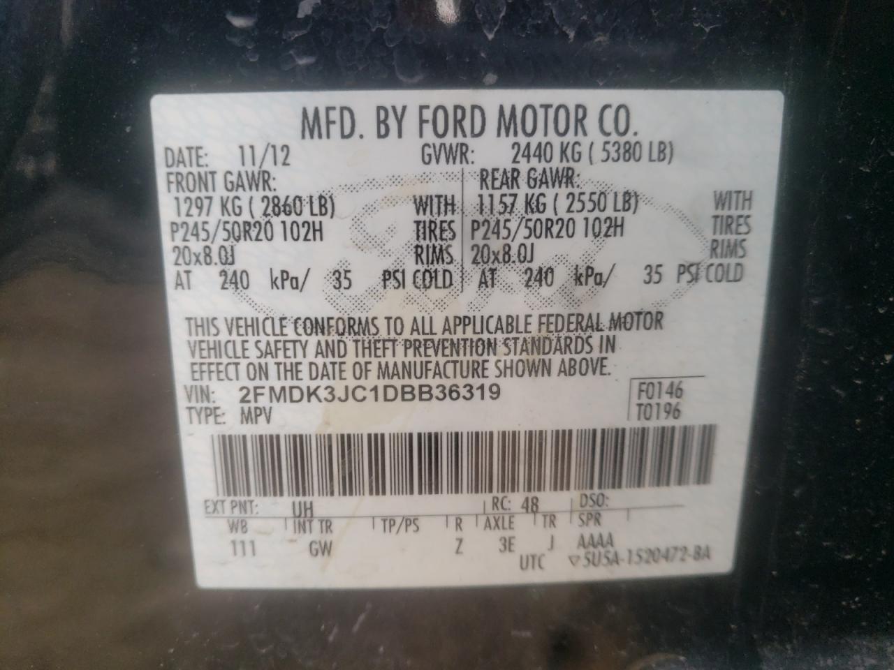 Photo 10 from auction – 2013 FORD EDGE SEL with VIN 2FMDK3JC1DBB36319