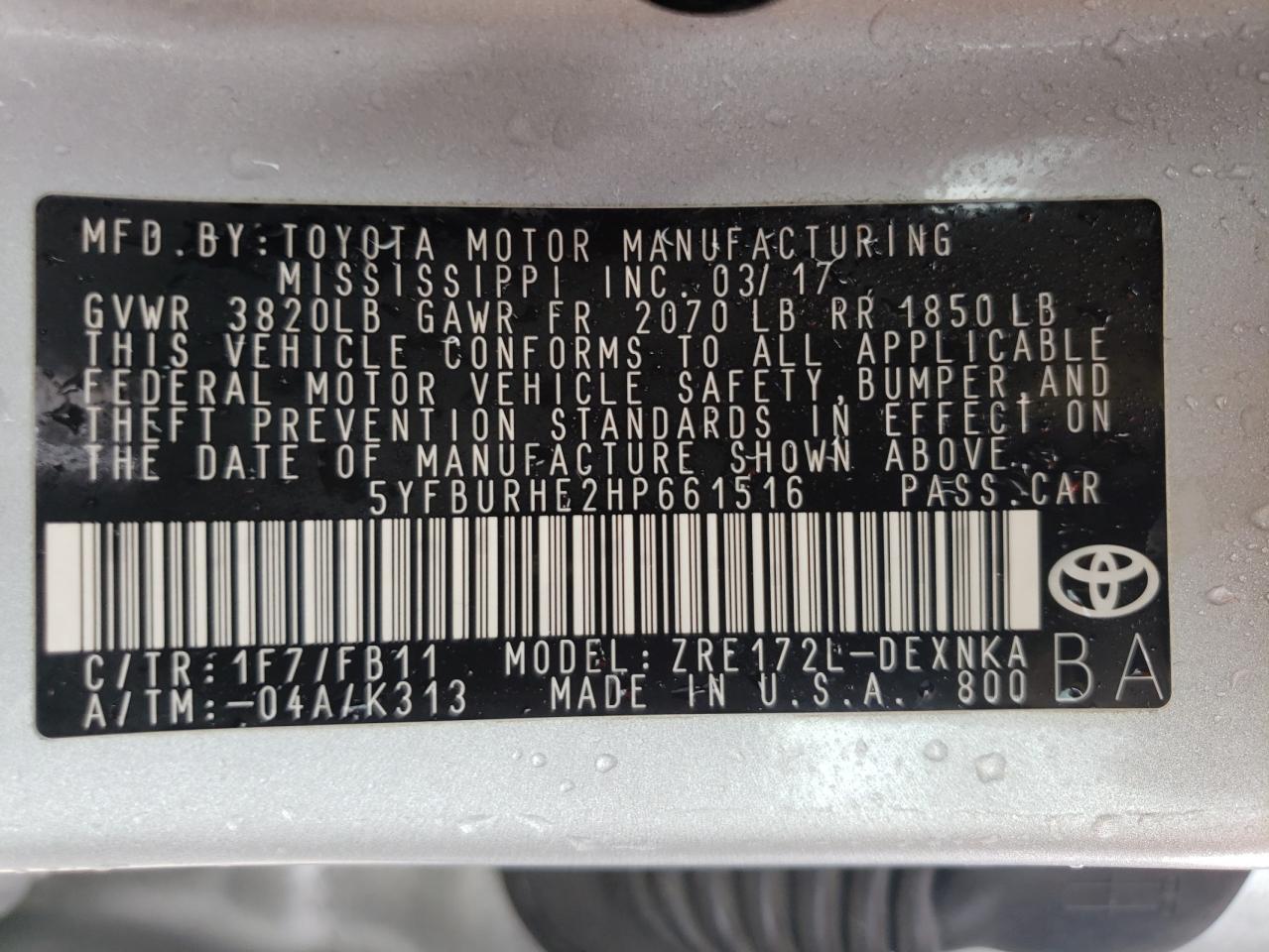 Photo 10 from auction – 2017 TOYOTA COROLLA L with VIN 5YFBURHE2HP661516