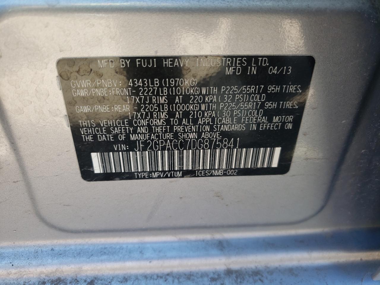 Photo 10 from auction – 2013 SUBARU XV CROSSTR with VIN JF2GPACC7DG875841