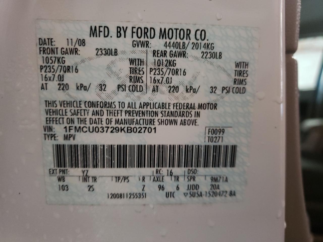 Photo 10 from auction – 2009 FORD ESCAPE XLT with VIN 1FMCU03729KB02701