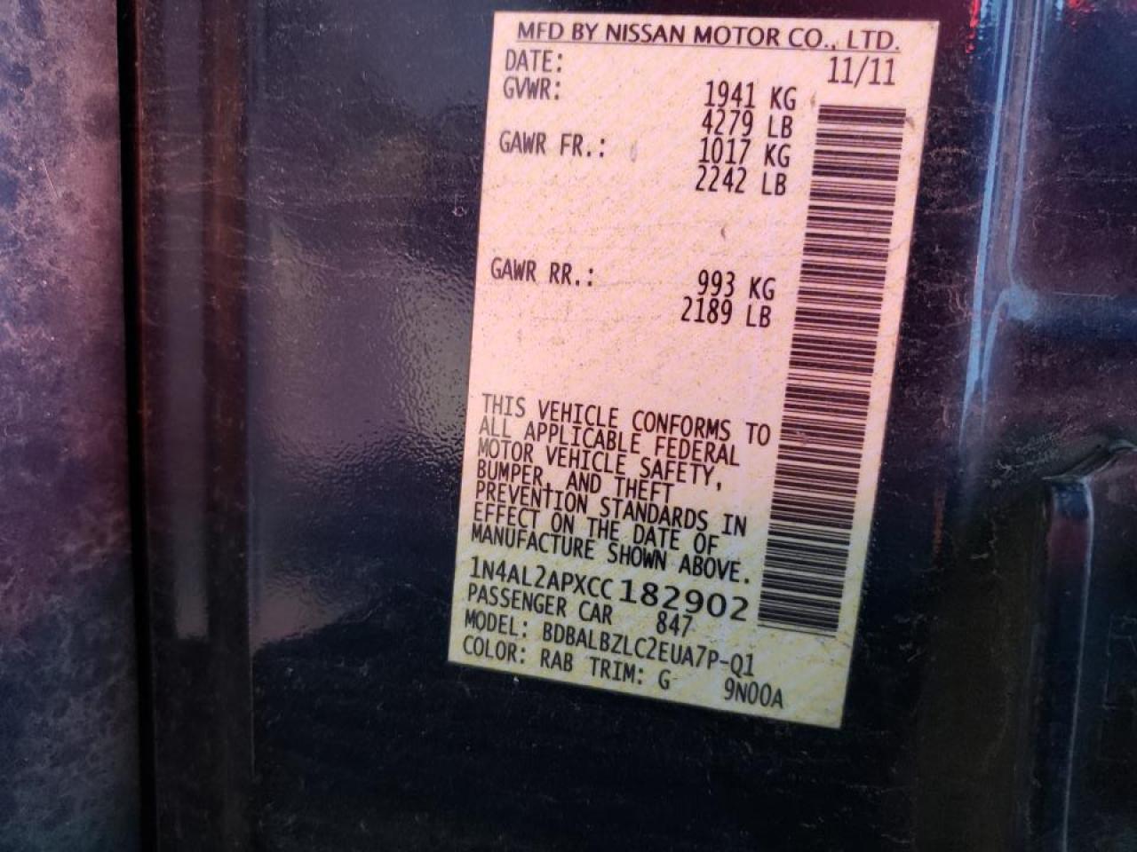 Foto 10 de la subasta – 2012 NISSAN ALTIMA BAS con VIN 1N4AL2APXCC182902