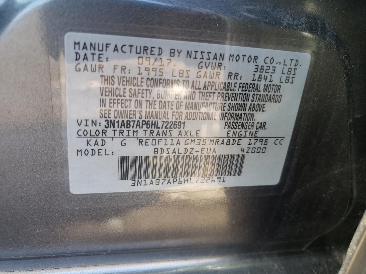 Photo 10 from auction – 2017 NISSAN SENTRA S with VIN 3N1AB7AP6HL722691