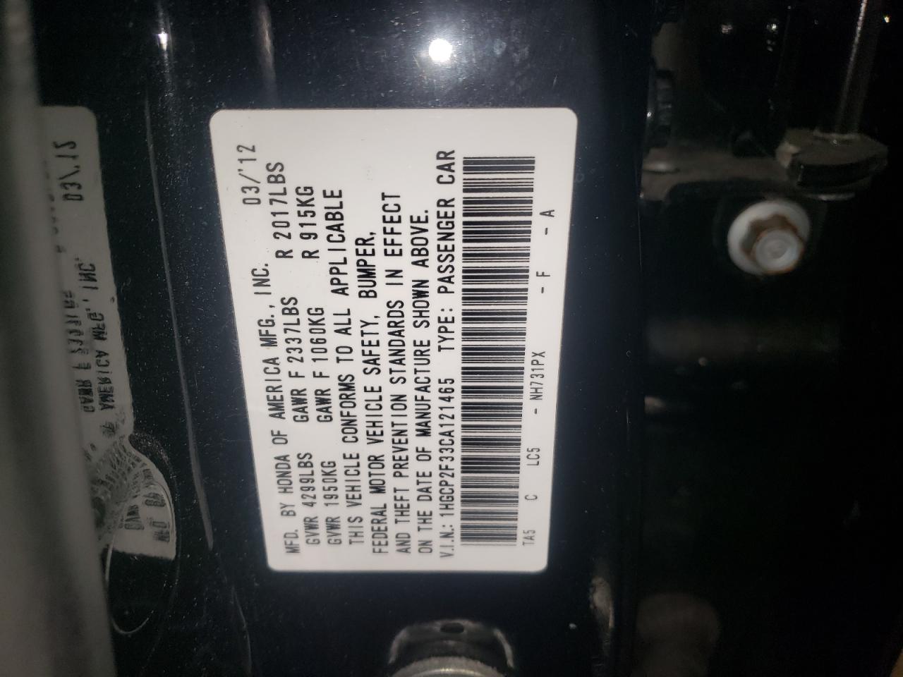 Photo 10 from auction – 2012 HONDA ACCORD LX with VIN 1HGCP2F33CA121465