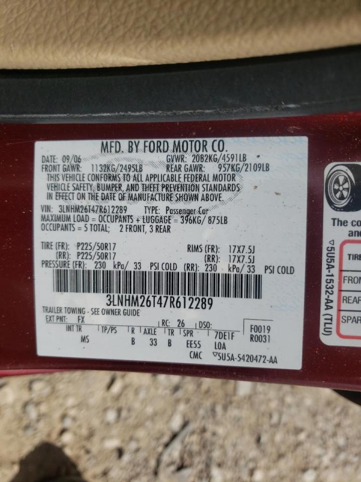 Photo 10 from auction – 2007 LINCOLN MKZ with VIN 3LNHM26T47R612289