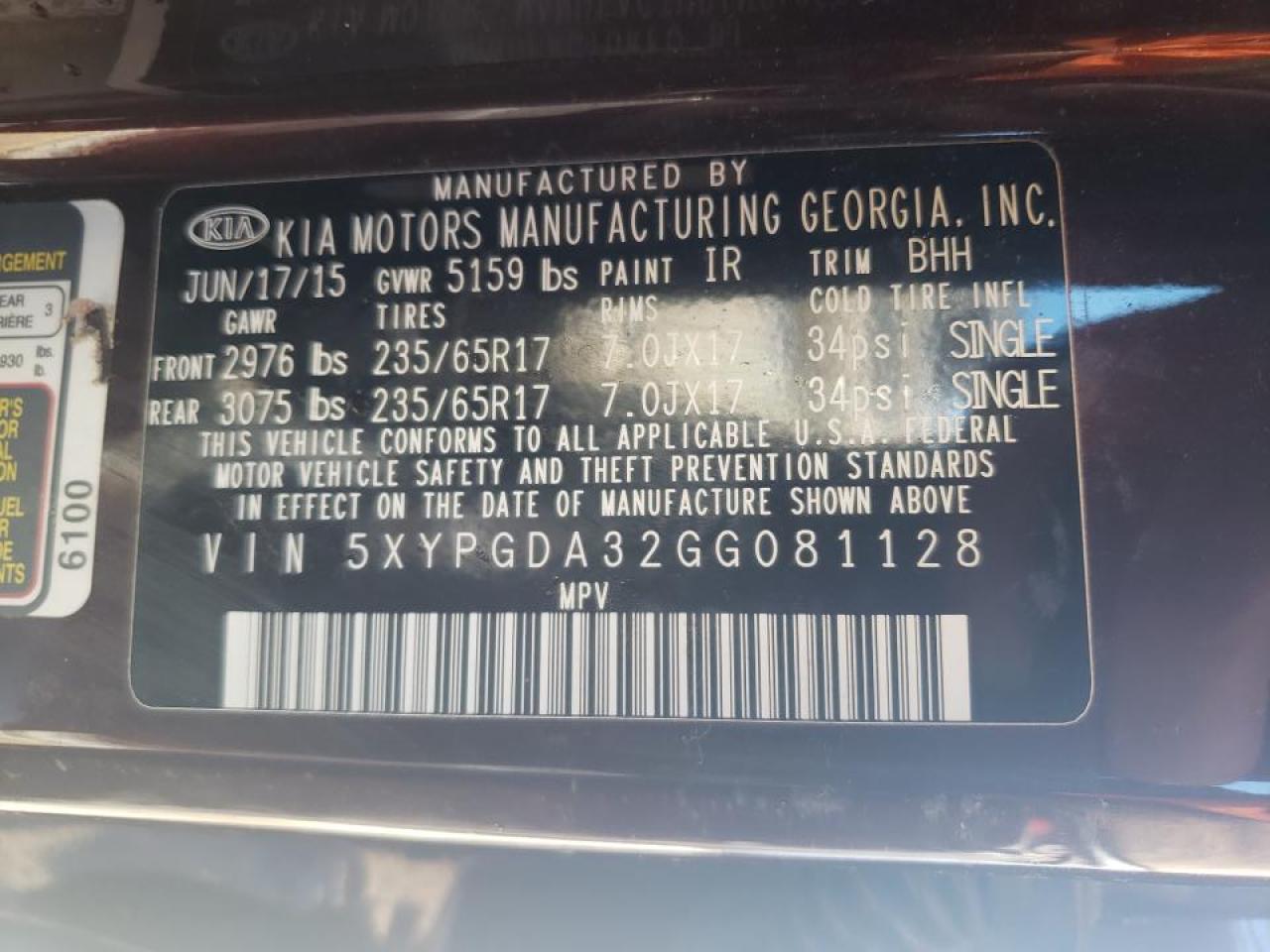 Photo 10 from auction – 2016 KIA SORENTO LX with VIN 5XYPGDA32GG081128