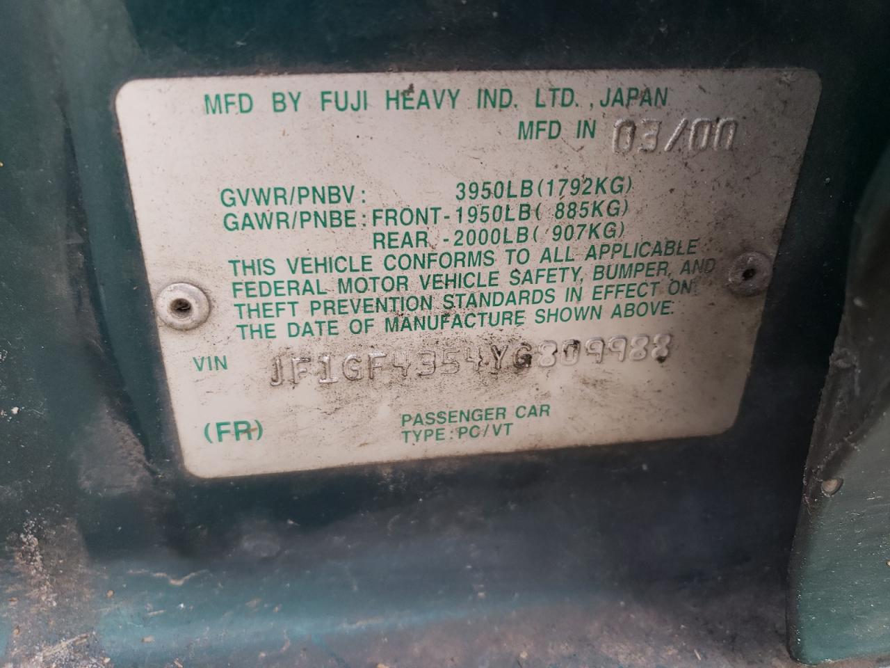 Photo 10 from auction – 2000 SUBARU IMPREZA L with VIN JF1GF4354YG809988