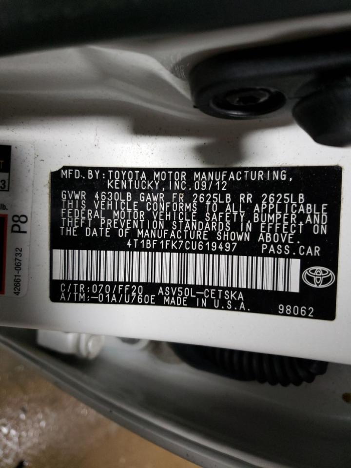 Photo 10 from auction – 2012 TOYOTA CAMRY BASE with VIN 4T1BF1FK7CU619497