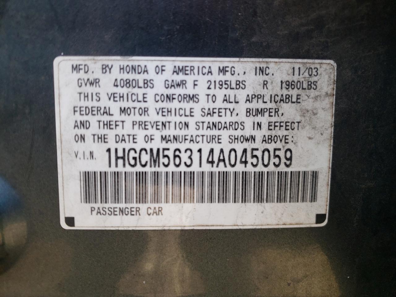 Photo 10 from auction – 2004 HONDA ACCORD with VIN 1HGCM56314A045059