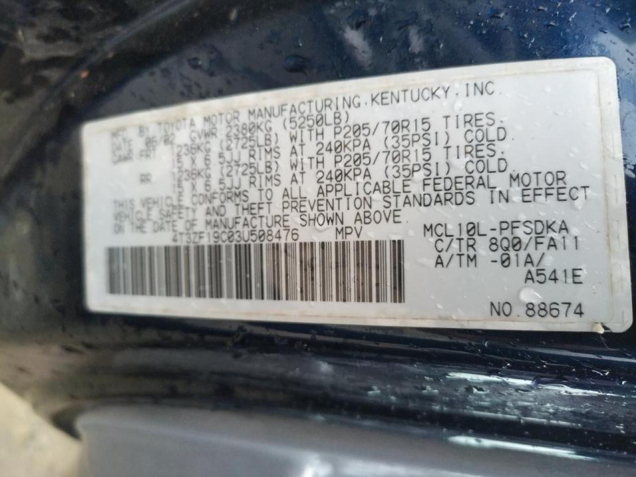 Photo 10 from auction – 2003 TOYOTA SIENNA CE with VIN 4T3ZF19C03U508476
