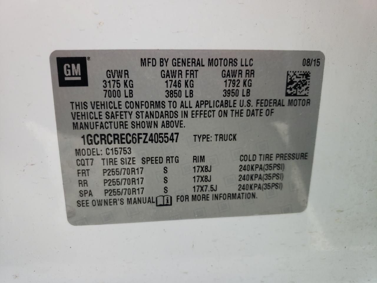 Photo 10 from auction – 2015 CHEVROLET SILVERADO with VIN 1GCRCREC6FZ405547