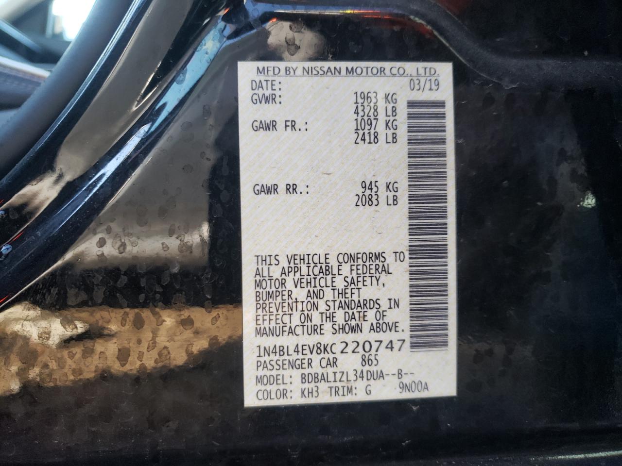 Photo 10 from auction – 2019 NISSAN ALTIMA SL with VIN 1N4BL4EV8KC220747