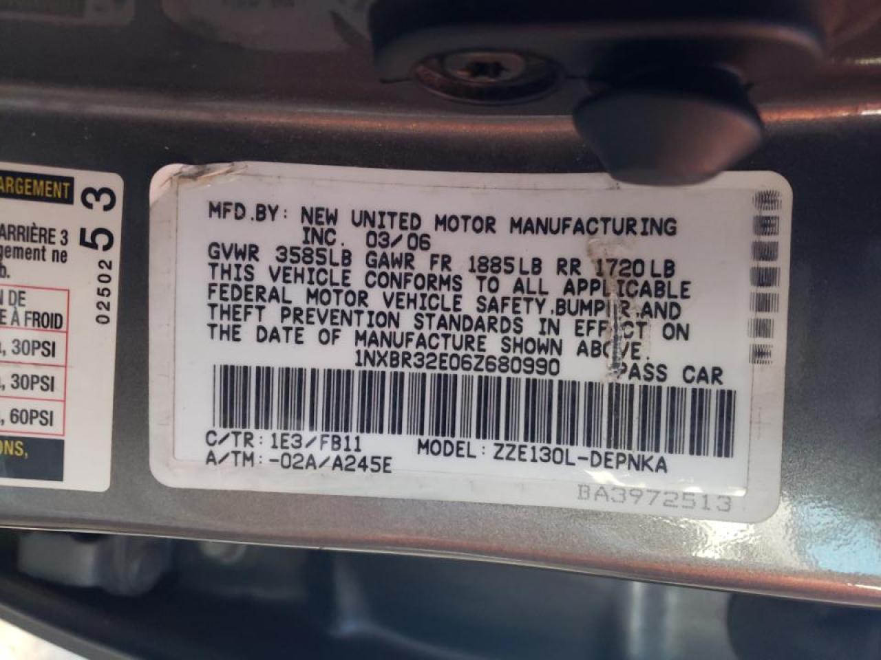 Photo 10 from auction – 2006 TOYOTA COROLLA CE with VIN 1NXBR32E06Z680990