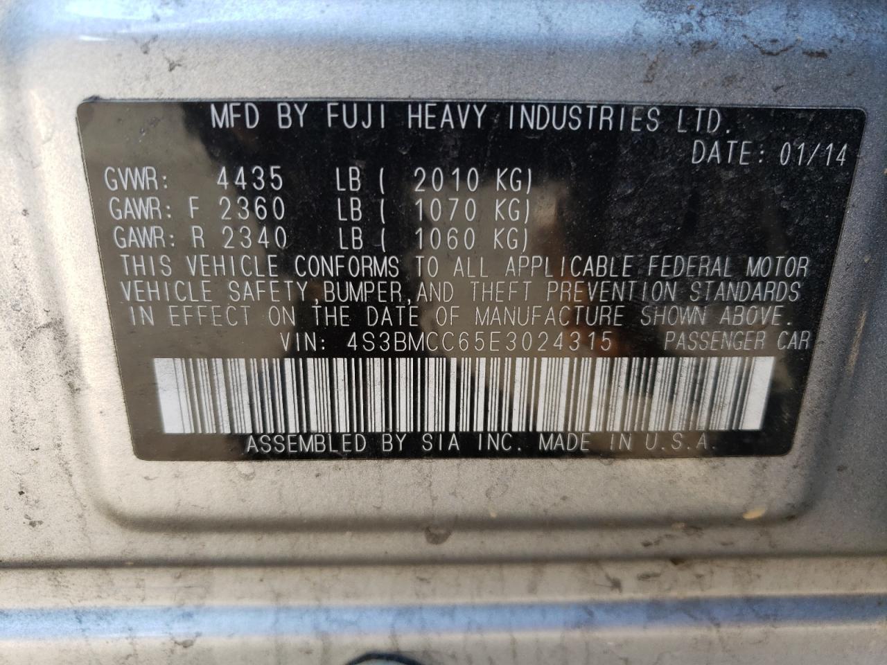 Photo 10 from auction – 2014 SUBARU LEGACY 2.5 with VIN 4S3BMCC65E3024315