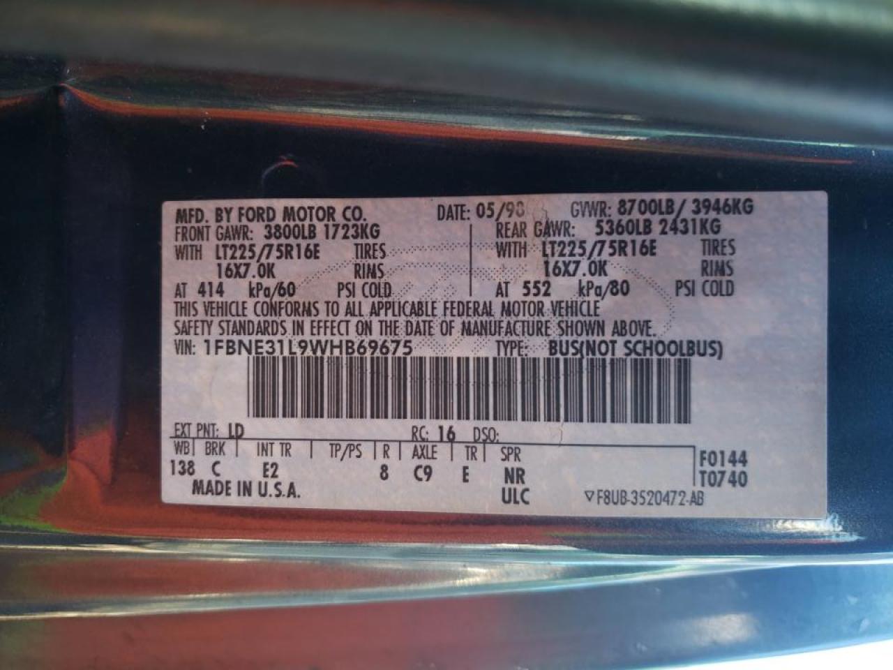 Photo 10 from auction – 1998 FORD ECONOLINE with VIN 1FBNE31L9WHB69675