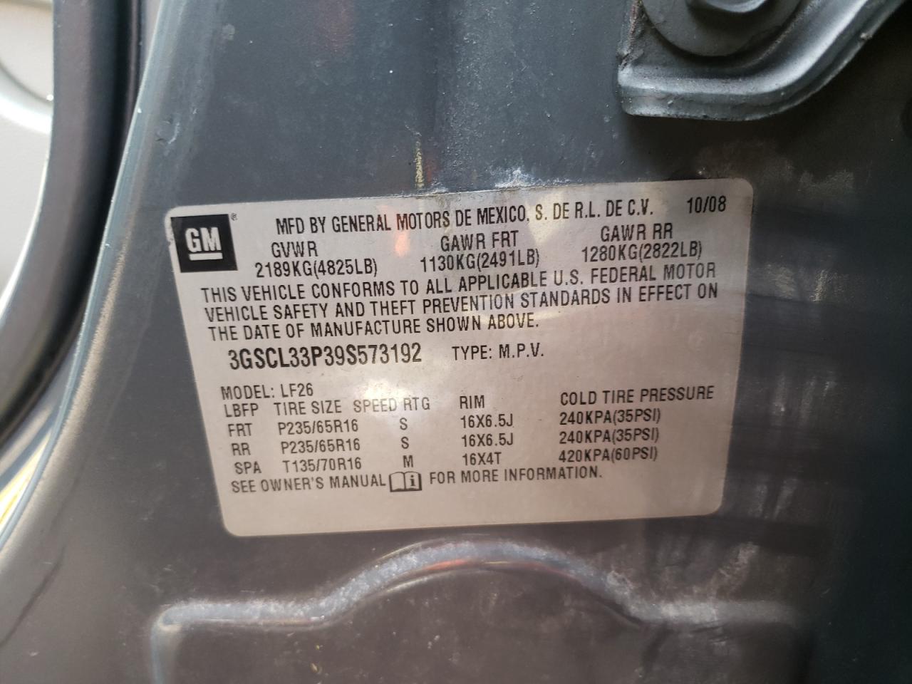 Photo 10 from auction – 2009 SATURN VUE XE with VIN 3GSCL33P39S573192