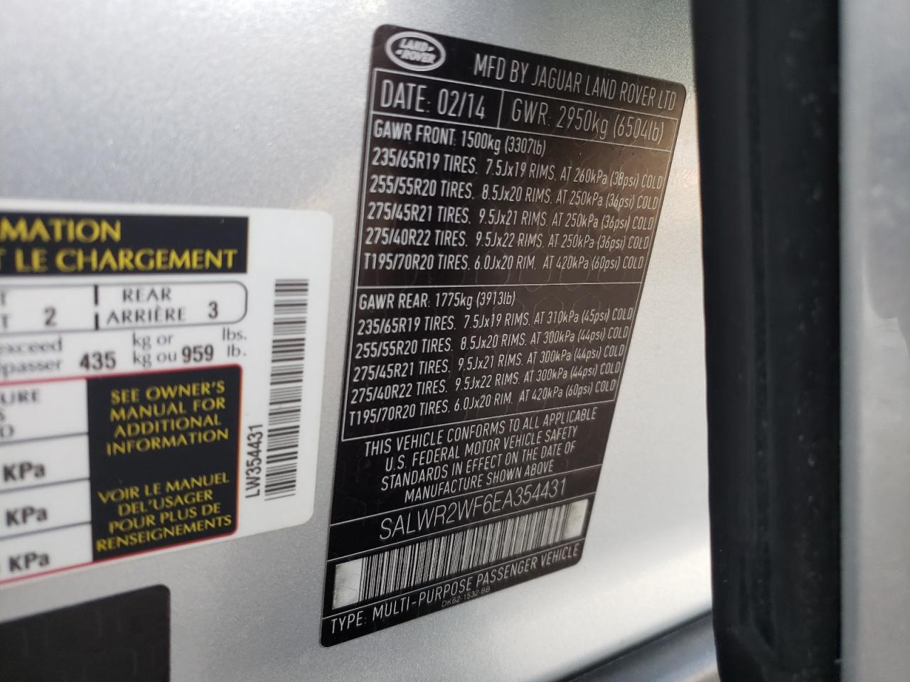 Photo 10 from auction – 2014 LAND ROVER RANGE ROVE with VIN SALWR2WF6EA354431