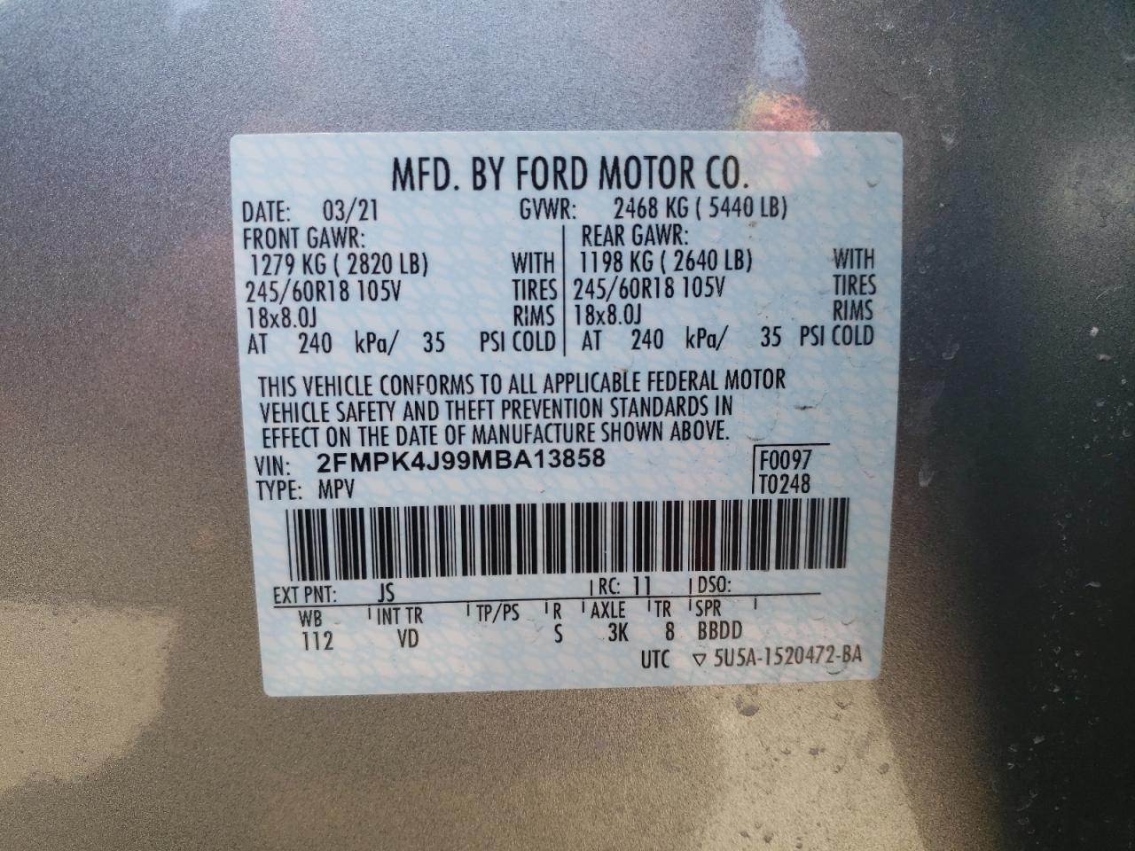 Photo 10 from auction – 2021 FORD EDGE SEL with VIN 2FMPK4J99MBA13858