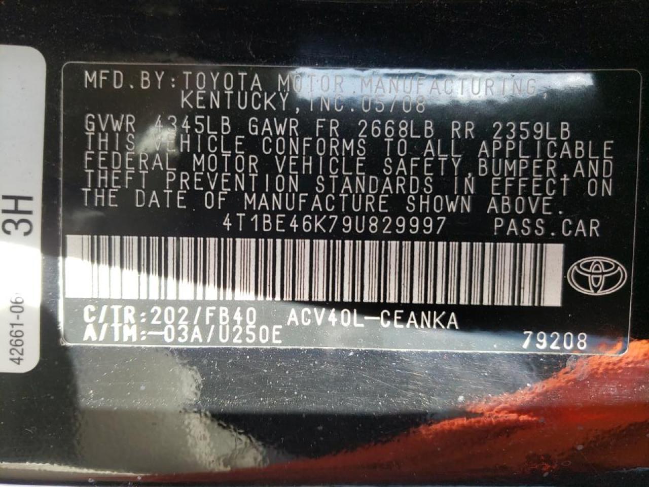 Photo 10 from auction – 2009 TOYOTA CAMRY BASE with VIN 4T1BE46K79U829997