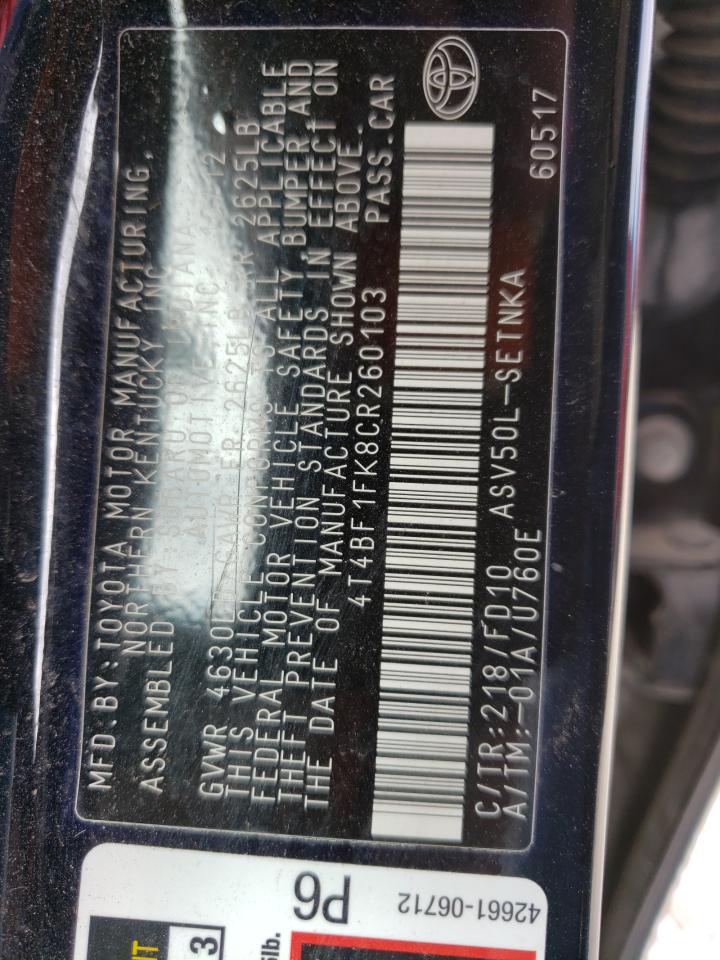 Photo 10 from auction – 2012 TOYOTA CAMRY BASE with VIN 4T4BF1FK8CR260103