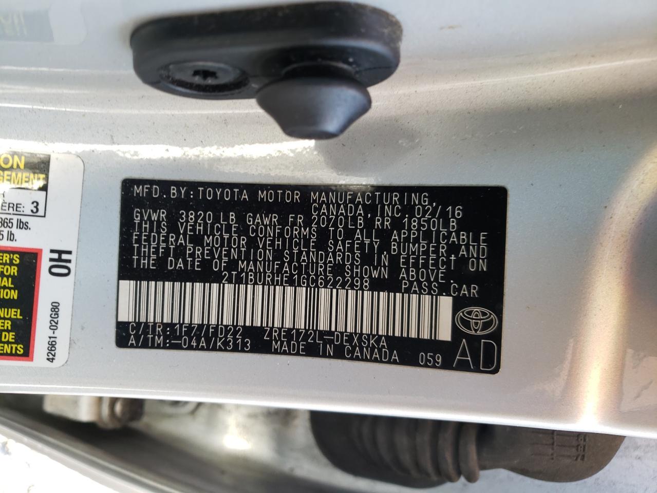 Photo 10 from auction – 2016 TOYOTA COROLLA L with VIN 2T1BURHE1GC622298
