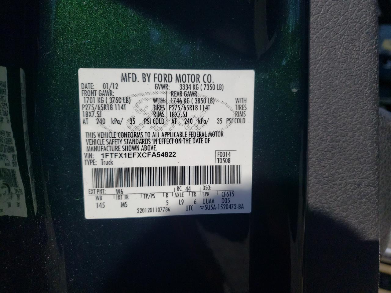 Photo 10 from auction – 2012 FORD F150 SUPER with VIN 1FTFX1EFXCFA54822