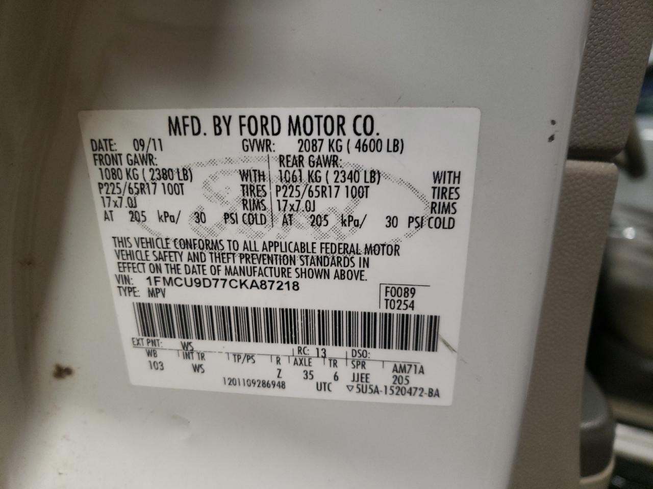 Photo 10 from auction – 2012 FORD ESCAPE XLT with VIN 1FMCU9D77CKA87218