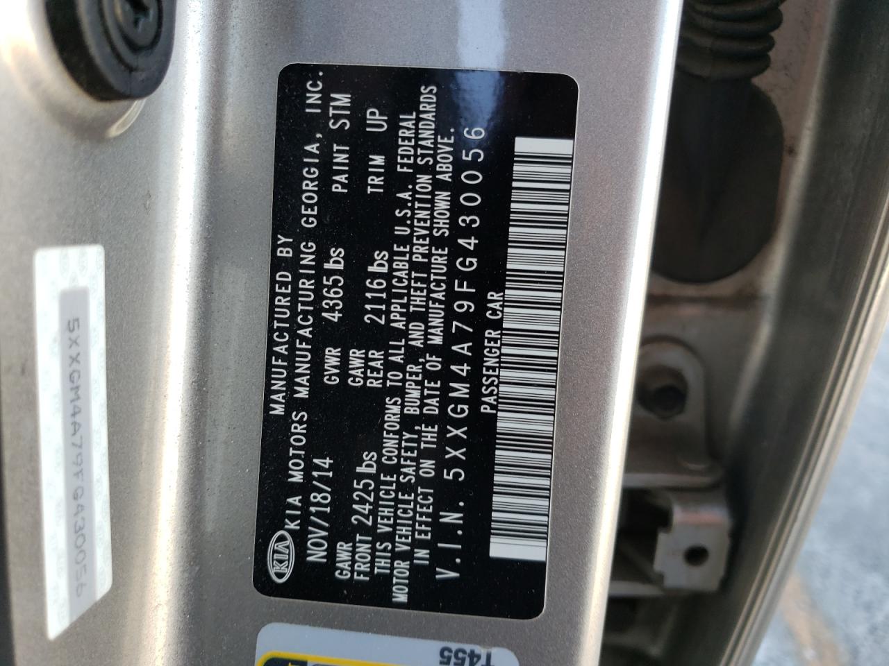 Photo 10 from auction – 2015 KIA OPTIMA LX with VIN 5XXGM4A79FG430056