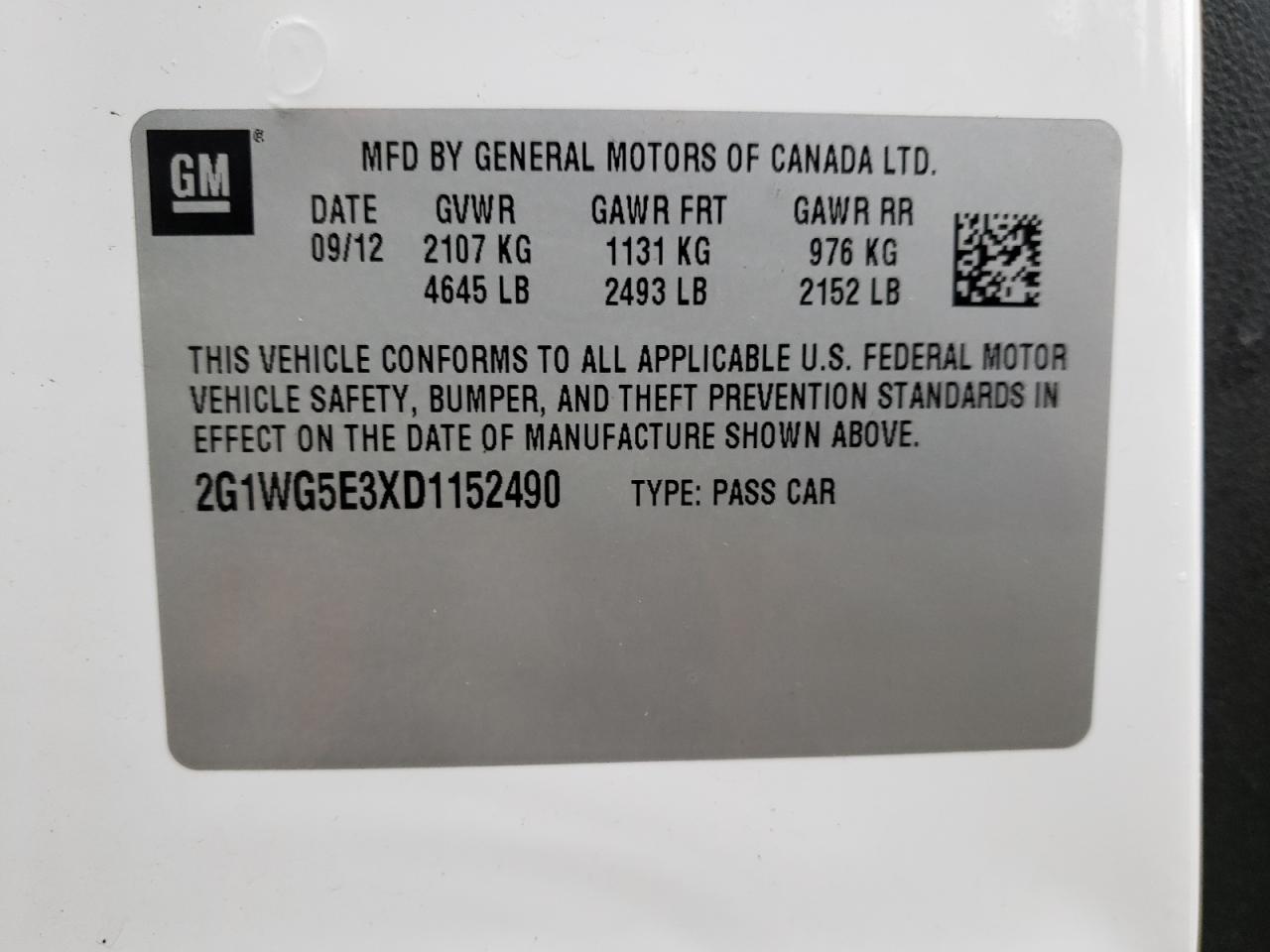Photo 10 from auction – 2013 CHEVROLET IMPALA LT with VIN 2G1WG5E3XD1152490