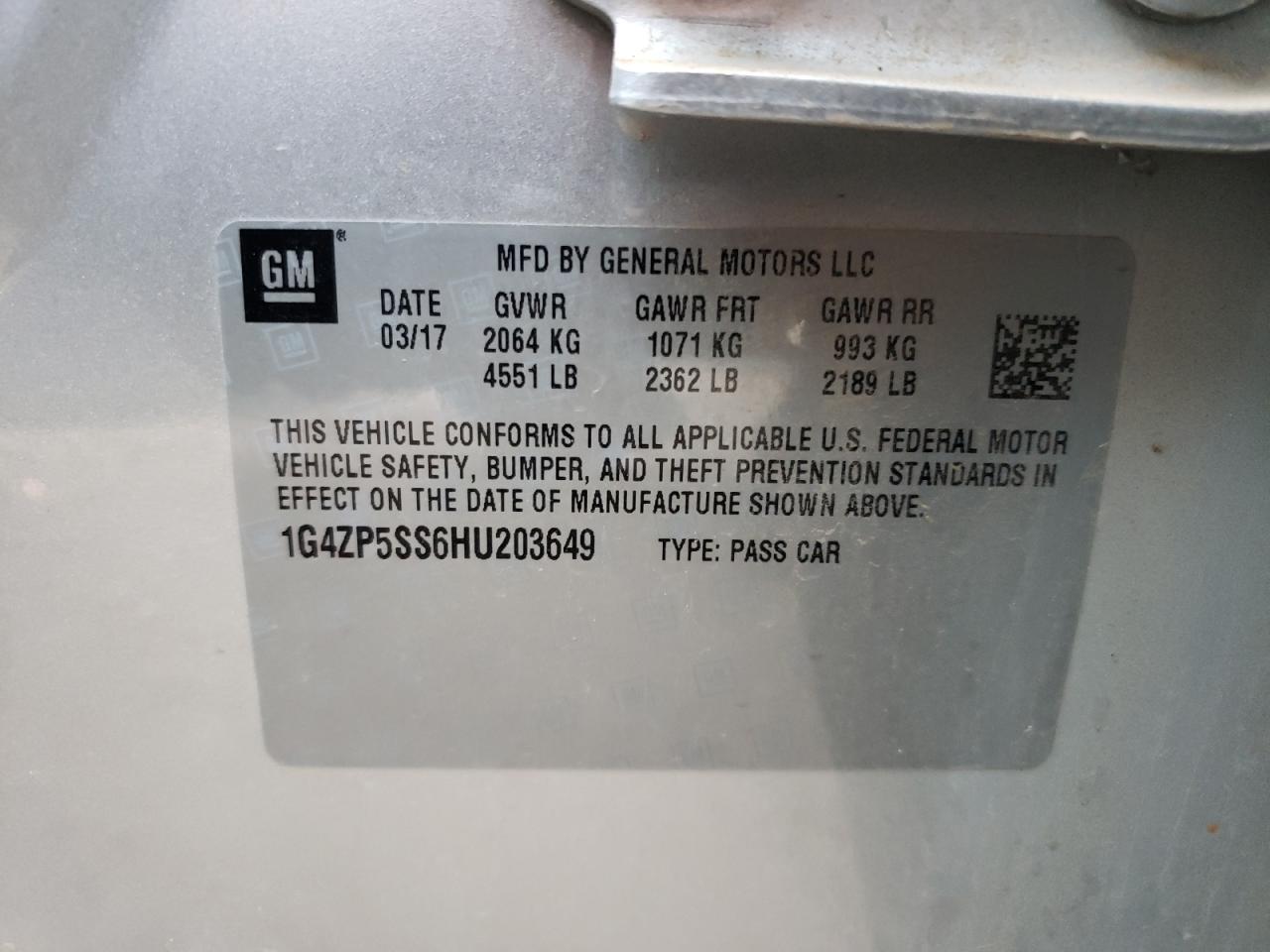 Photo 10 from auction – 2017 BUICK LACROSSE E with VIN 1G4ZP5SS6HU203649
