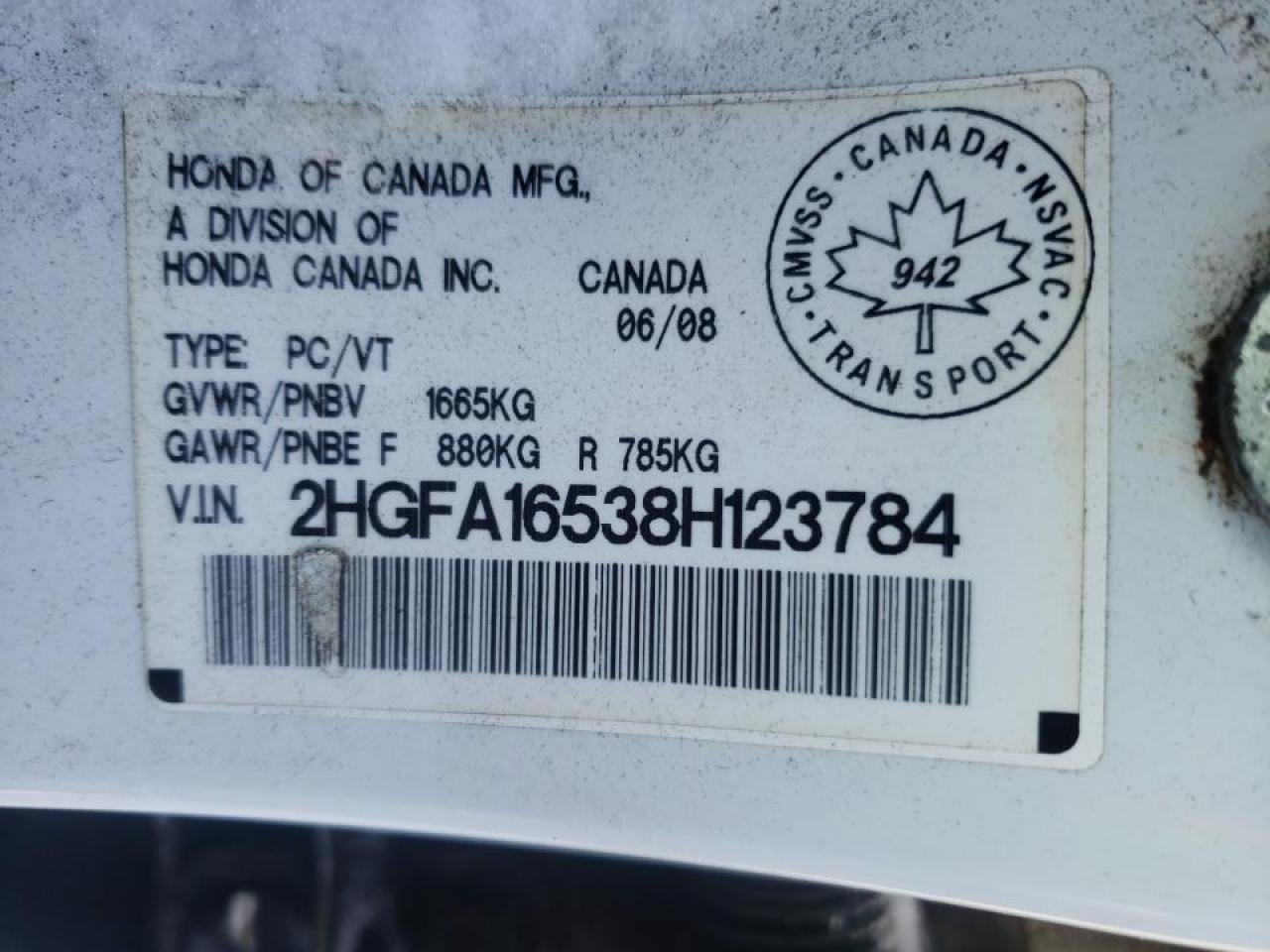 Photo 20 from auction – 2008 HONDA CIVIC LX with VIN 2HGFA16538H123784
