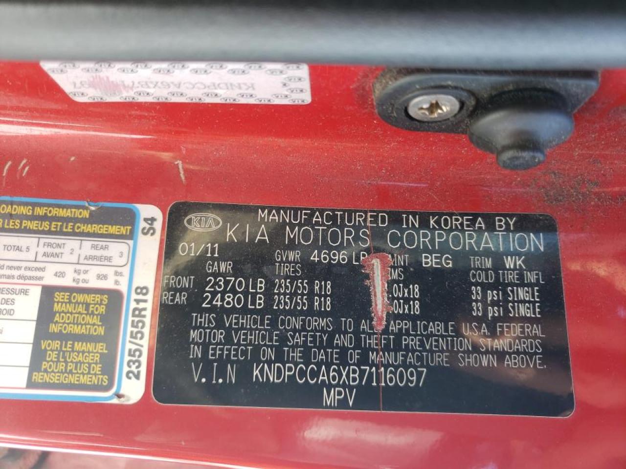 Photo 10 from auction – 2011 KIA SPORTAGE E with VIN KNDPCCA6XB7116097
