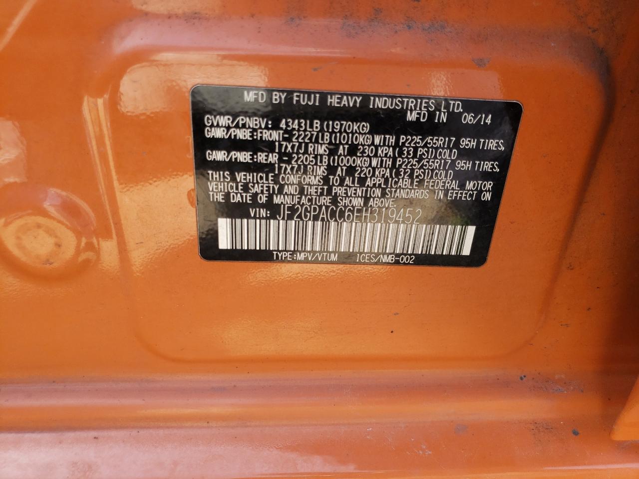 Photo 10 from auction – 2014 SUBARU XV CROSSTR with VIN JF2GPACC6EH319452