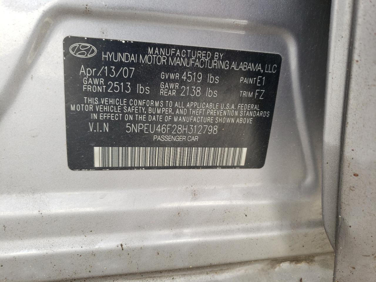 Photo 10 from auction – 2008 HYUNDAI SONATA SE with VIN 5NPEU46F28H312798