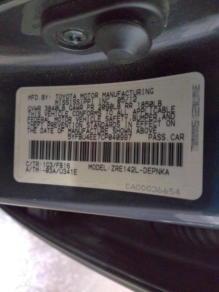 Photo 10 from auction – 2012 TOYOTA COROLLA BA with VIN 5YFBU4EE7CP040997