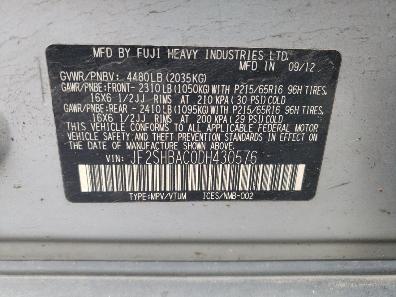 Photo 10 from auction – 2013 SUBARU FORESTER 2 with VIN JF2SHBAC0DH430576