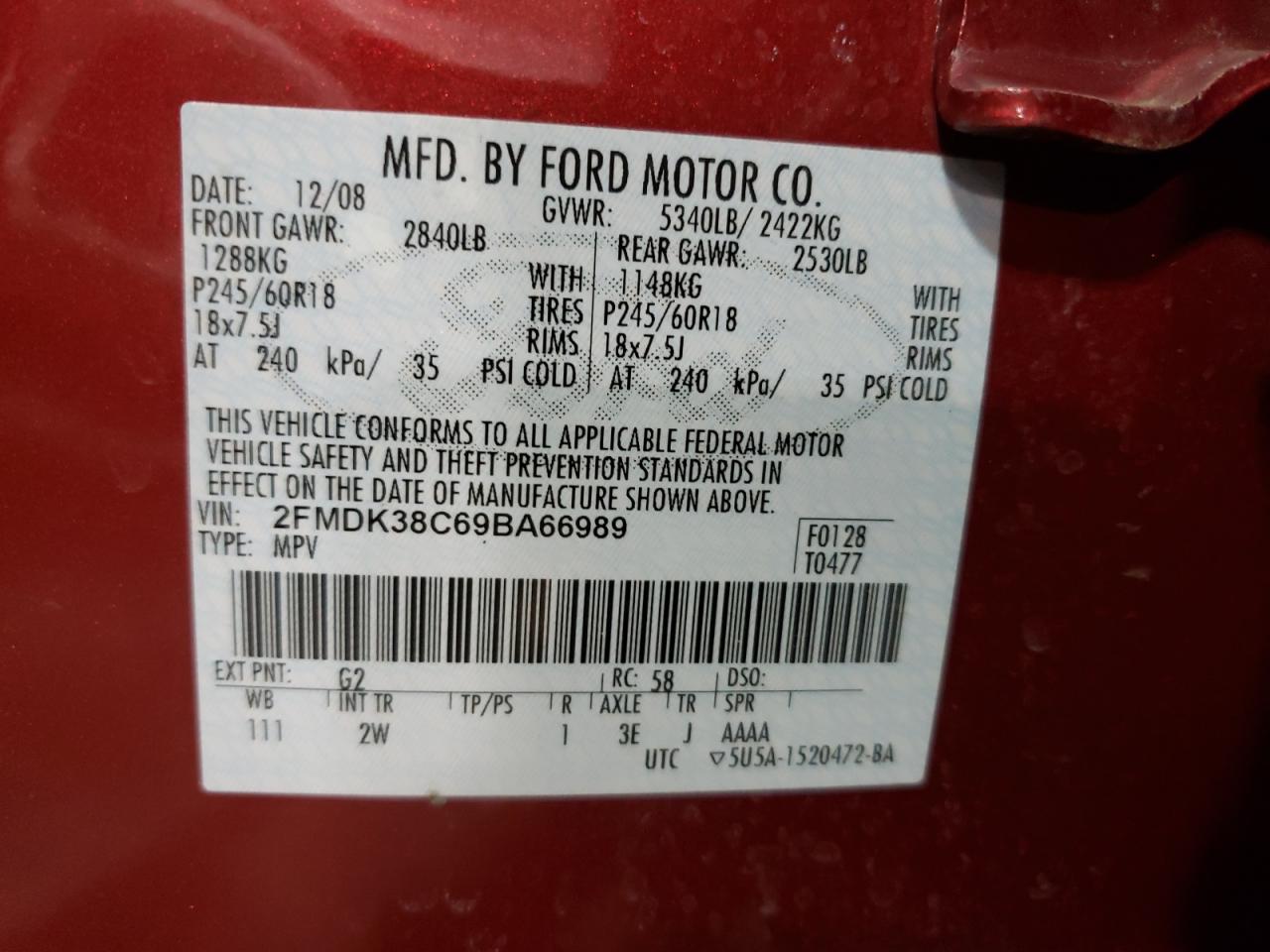 Photo 10 from auction – 2009 FORD EDGE SEL with VIN 2FMDK38C69BA66989