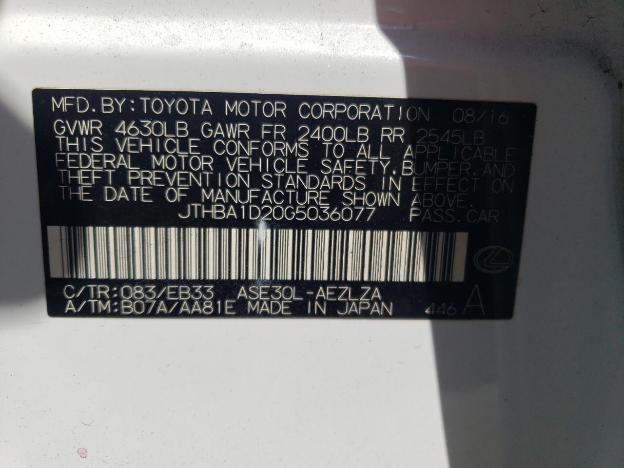 Photo 10 from auction – 2016 LEXUS IS 200T with VIN JTHBA1D20G5036077