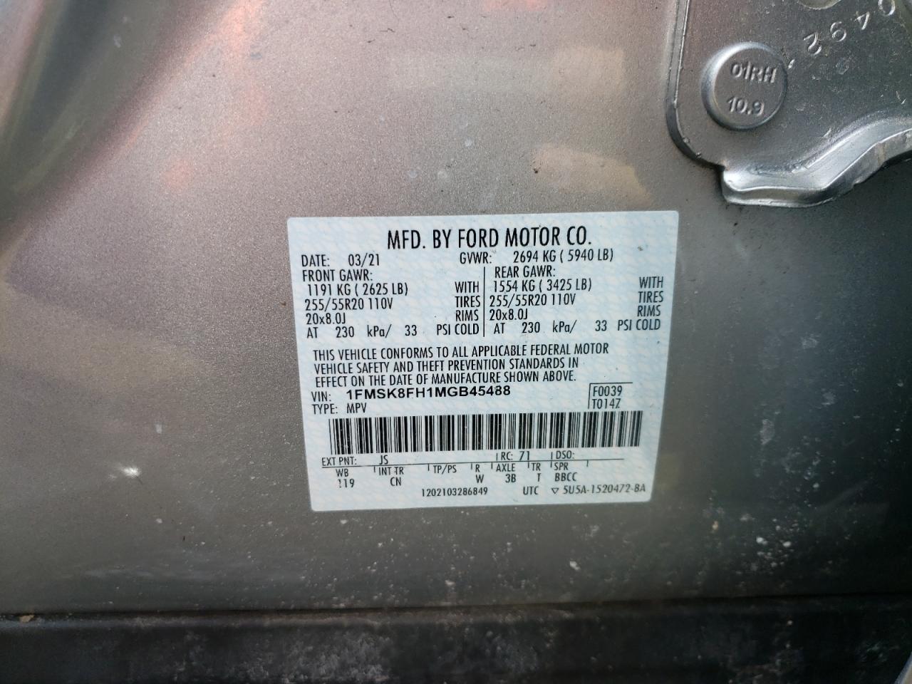 Photo 10 from auction – 2021 FORD EXPLORER L with VIN 1FMSK8FH1MGB45488